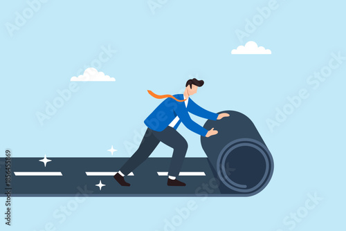Flat illustration of businessman rolling out new road symbolizing career path development business planning direction and future opportunity