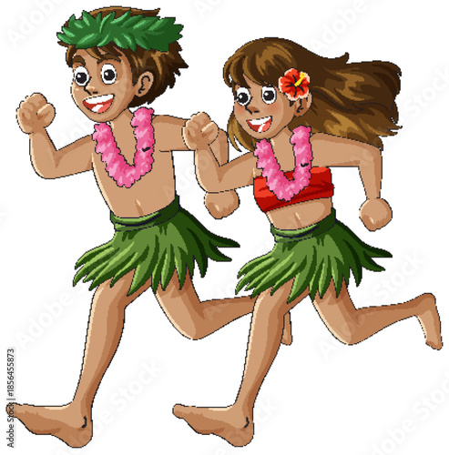 Hawaiian Children Running in Traditional Grass Skirts and Leis