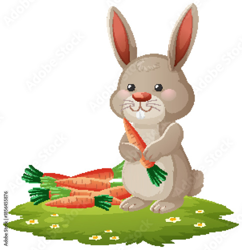 Cute Brown Rabbit Holding Carrot on Grass Patch