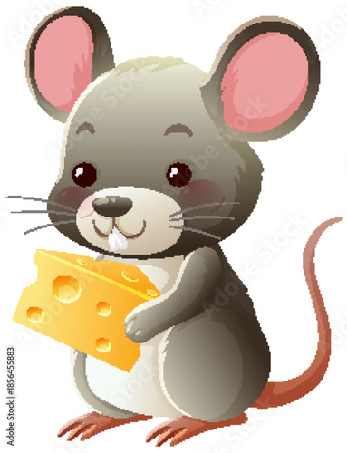 Cute Cartoon Mouse Holding Cheese Slice Illustration