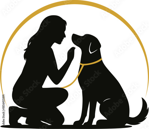 Silhouette of a woman with his dog outdoor bond between man and pet, emotional animal friendship vector illustration.