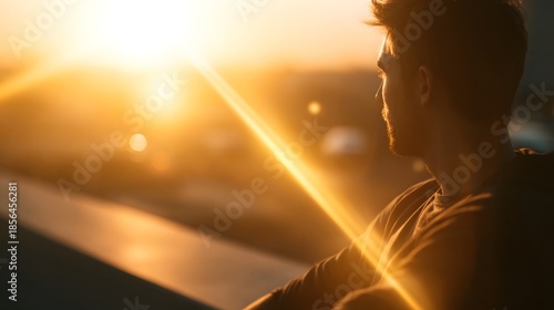 Wallpaper Mural A man in silhouette contemplates the vibrant glow of a sunset with sunbeams and dramatic flare creating a serene atmosphere Torontodigital.ca