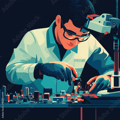 Skilled technician meticulously solders electronic components onto a circuit board, focusing on precision and innovation , vector style simple color
