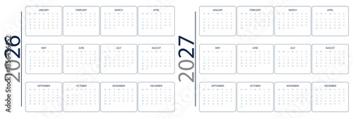 Calendar 2026, 2027 vector Week starts on Monday. Calendar Set for 2026, 2027 years. Calendar 2026 calendar 2027 week start Sunday corporate design planner template. 2026 2027 Portrait Yearly calendar