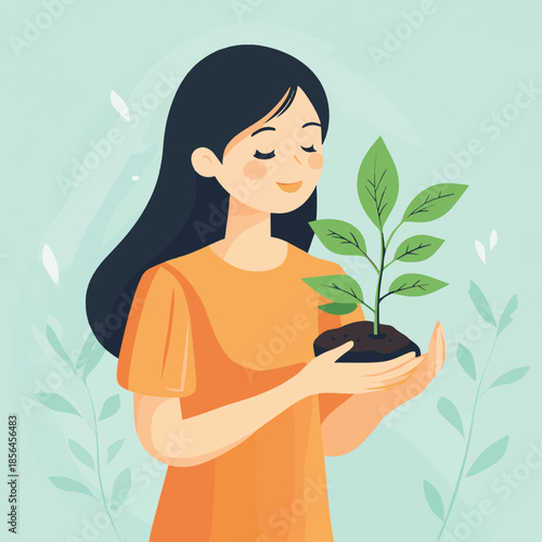 Dedicated caregiver shields fragile new sprout from harsh sun, nurturing growth and life with protective care and gentle attention , vector style simple color