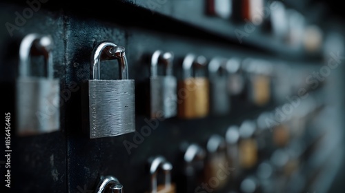 Numerous metallic padlocks arranged in ordered rows symbolizing security and protection