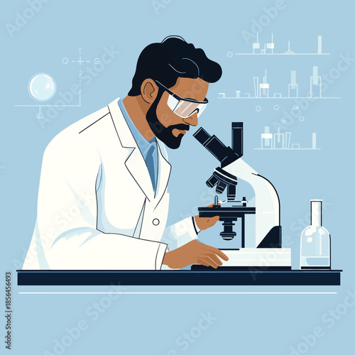 Focused scientist meticulously examines specimens under a microscope, advancing research in a modern laboratory setting , vector style simple color