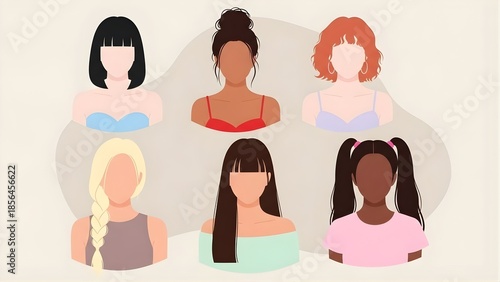 Collection of diverse faceless female avatars showcasing various hairstyles and skin tones