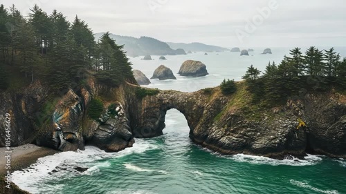 Scenic panoramic view of the oregon coast with natural bridges and sea stacks. Moody pacific northwest landscape with evergreen forest on rocky cliffs above the ocean waves