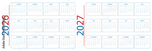 Calendrier 2026-2027 Français, French calendar for 2026-2027 Calendrier annuel 2026-2027. 2026 And 2027 Calendar Starts On Sunday And Starts On Sunday Template grid Monthly Page with Note company logo