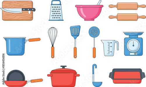 Kitchen utensils and cookware illustration set, cooking tools equipment collection, baking preparation accessories, colorful household culinary design
