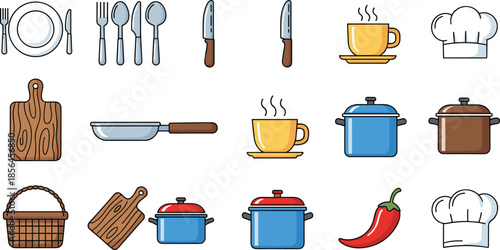 Kitchen utensils and cookware illustration set, plates cutlery pots cups chef hat icons, cooking tools collection, colorful flat vector artwork