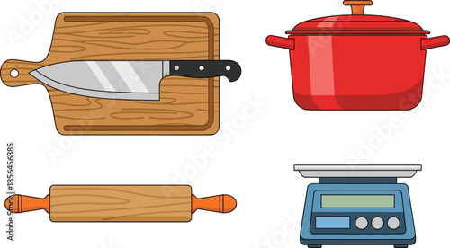 Kitchen tools illustration set with cutting board knife pot rolling pin scale, cooking equipment icons, flat vector kitchenware design