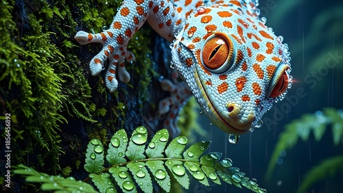 gecko, reptile, lizard, tropical, rainforest, wildlife, macro, animal, nature, amphibian, rain, water, drops, moisture, dew, green, moss, foliage, jungle, vivid, orange, blue, closeup, eye, skin, text