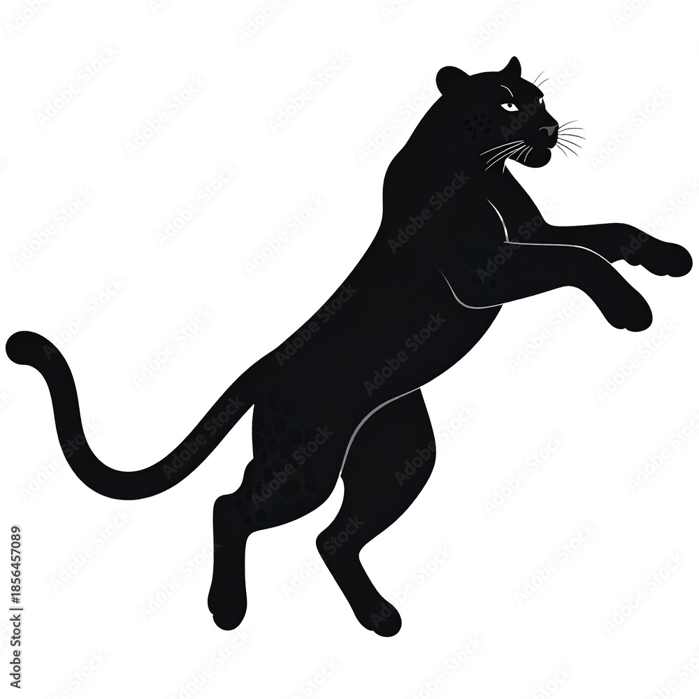 Fototapeta premium A powerful black panther illustration standing on its hind legs with front paws raised, against a white background.