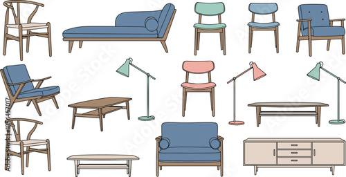 Mid-century modern furniture set, retro chairs, coffee tables, floor lamps, sideboard, pastel decor, interior design, vintage home style