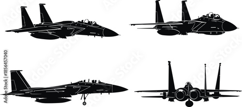 Military fighter jet silhouette illustration set, modern combat aircraft views, aviation defense design, tactical air force graphic collection