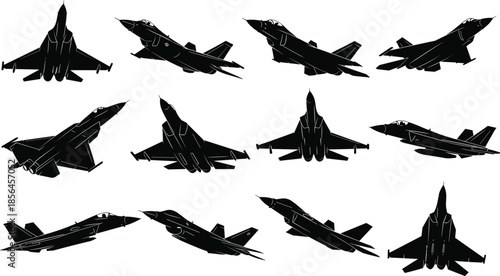 Military fighter jet silhouettes collection, modern combat aircraft angles, air force aviation shapes, black vector warplane illustration set