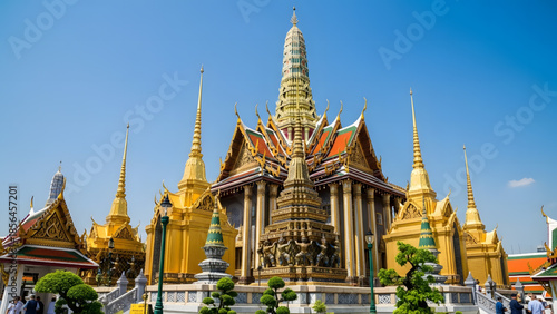 Wat Phra Kaew, Thailand, ornate Buddhist temple, rich gold details, vibrant colors