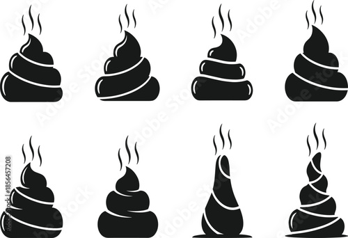 Set of cartoon poop pile icons silhouettes with steam, funny toilet humor symbols in black and white minimalist style