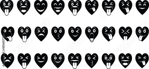 Set of black heart shaped emoji faces showing funny emotions and playful expressions, minimal flat icons for love reactions and messaging design