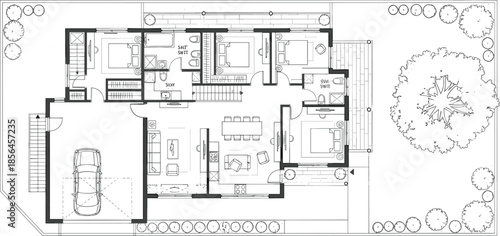 Modern house floor plan blueprint with furniture layout garden garage, residential architecture technical drawing top view illustration