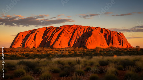 Uluru (Ayers Rock), sacred Aboriginal site, dramatic red rock, sunrise lighting