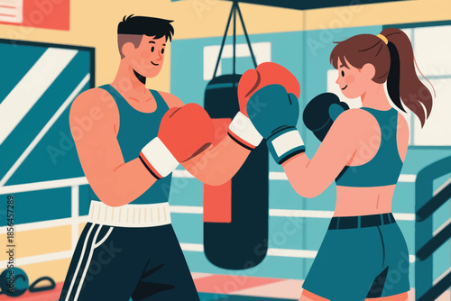 Two people sparring in a boxing gym with gloves and athletic gear. A focused moment of training and sportsmanship.
