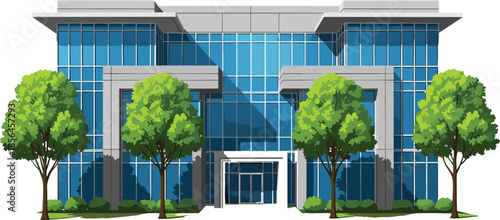 Modern office building exterior with glass facade and trees, corporate headquarters architecture illustration isolated on white background