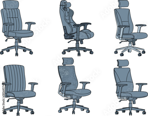 Office chair illustration set, ergonomic swivel chairs with armrests headrest wheels, modern workplace furniture, adjustable seating vector design