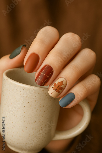 Elegant Cozy Autumn Matte Gel Nail Art Holding Ceramic Mug.