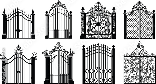 Ornate wrought iron gate collection, decorative metal entrance designs, vintage garden fences, classic luxury gates, black silhouette vector set