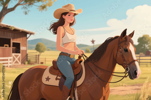 Woman riding a brown horse near a barn in the countryside under a sunny sky. A peaceful moment of rural adventure.