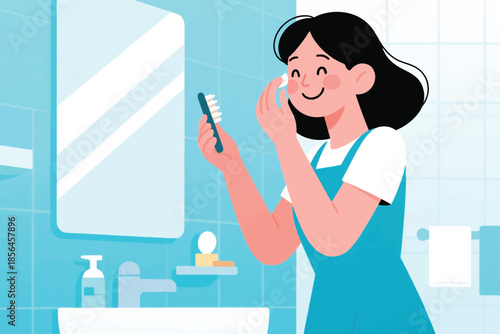 Person smiling while applying toothpaste to a toothbrush in a clean bathroom. A fresh moment of daily hygiene.