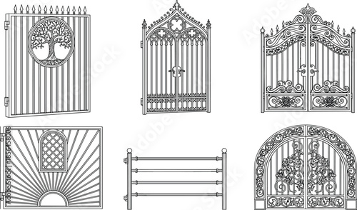 Ornate wrought iron gates and fences set, decorative metal entrance designs, vintage architecture elements, black and white line illustration