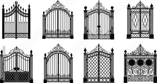 Ornate wrought iron gate silhouettes, luxury decorative metal entrance designs, classic vintage fence collection, black vector architectural elements