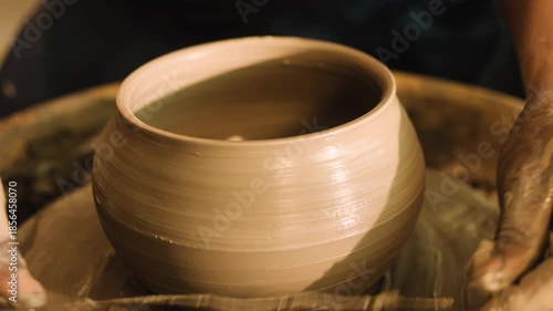 A thread being used to cut off a ready clay pot from the potter's wheel.