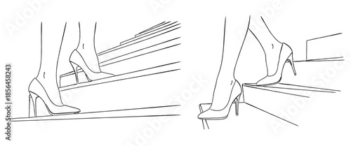 ハイヒールで階段を上る女性の足元の線画｜挑戦と成長