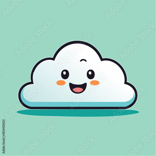 Cartoon cloud with a cute face and a happy expression on a green background.