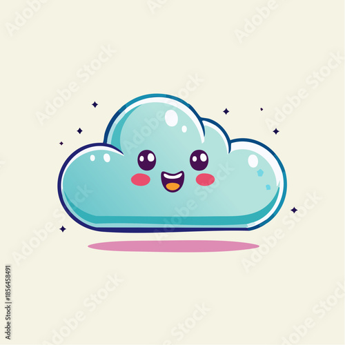 A cute cartoon cloud with a happy face, rosy cheeks, and a shadow underneath on a light background.