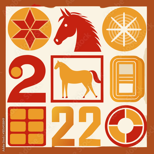 正月のアイコンとデザインフレームセット／2026年・午年（馬）