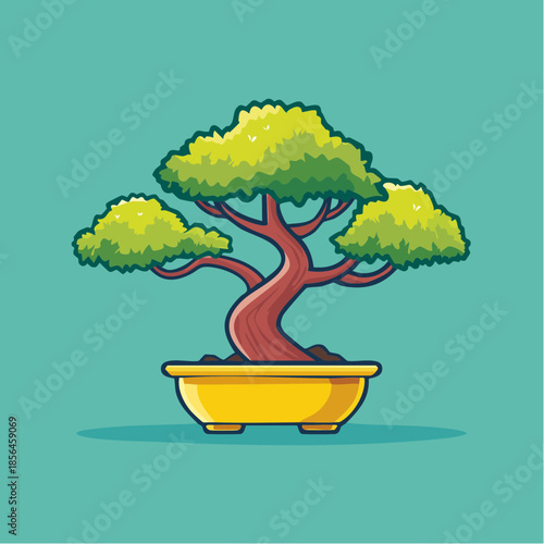 Cartoon bonsai tree in a yellow pot with green leaves and a brown trunk on a teal background.