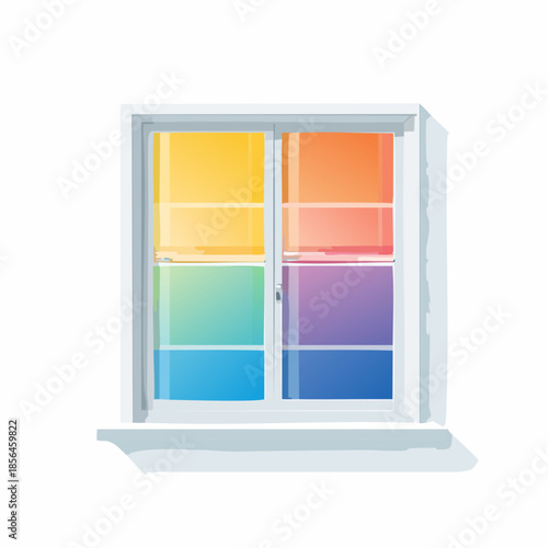 Illustration of a window with rainbow colored glass panes and a white frame, casting a shadow.
