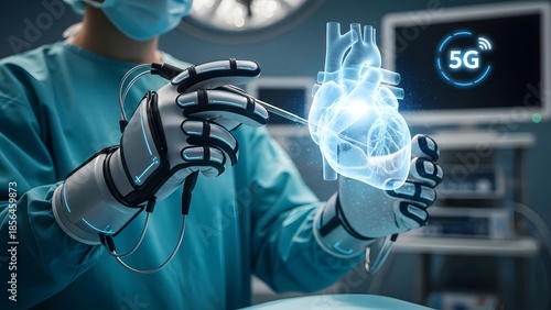 A surgeon in robotic gloves examines a glowing heart hologram with 5G technology