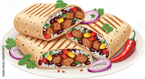 Grilled burrito plate, Mexican food, spicy wrap, rice and beans, colorful vegetables, chili garnish, delicious meal, top view illustration