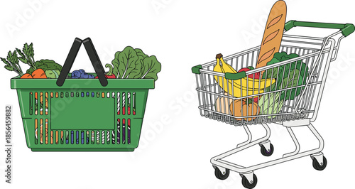 Grocery shopping illustration set, food basket and supermarket cart with fresh products, retail consumer concept, healthy lifestyle design