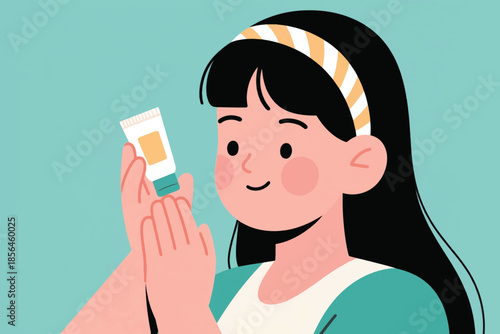 Smiling girl holding a skincare tube against a pastel background. A charming moment of personal care.