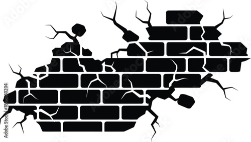Cracked Brick Wall Silhouette Depicting Disaster Damage and Urban Ruins Illustration