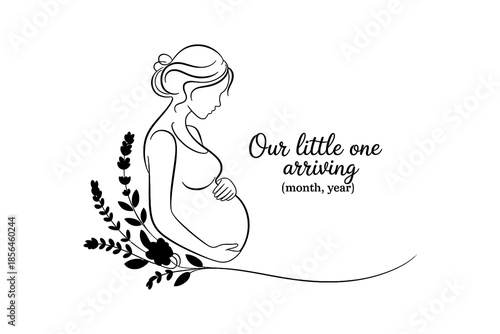 A pregnant woman with a floral design and text announcing the arrival of her baby