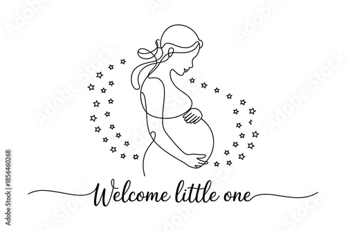 A pregnant woman with stars surrounding her and the words 'Welcome little one'